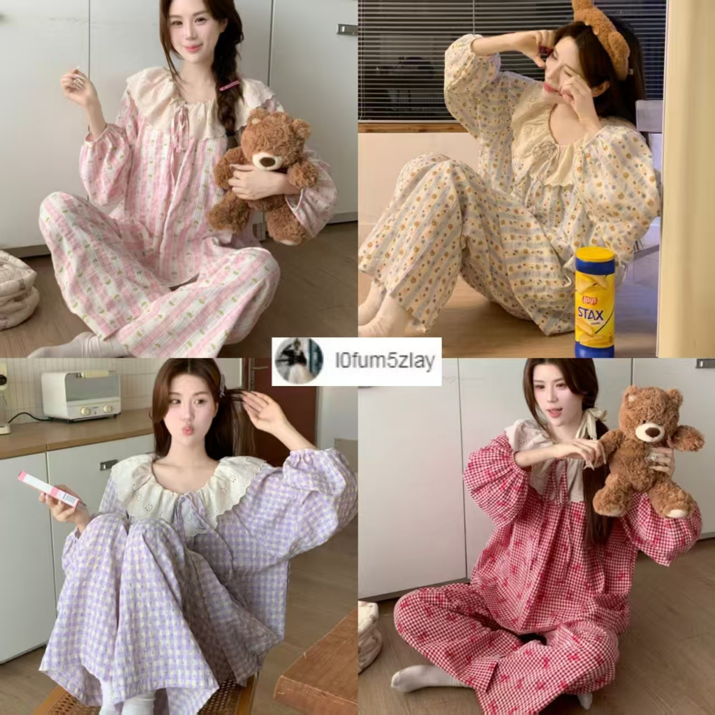 (ราคาถูกที่สุด) ชุดนอนผู้หญิง， ผ้าฝ้ายคุณภาพดี， ลูกไม้ที่สวยงาม， ขายาว+เสื้อ，M-2XL