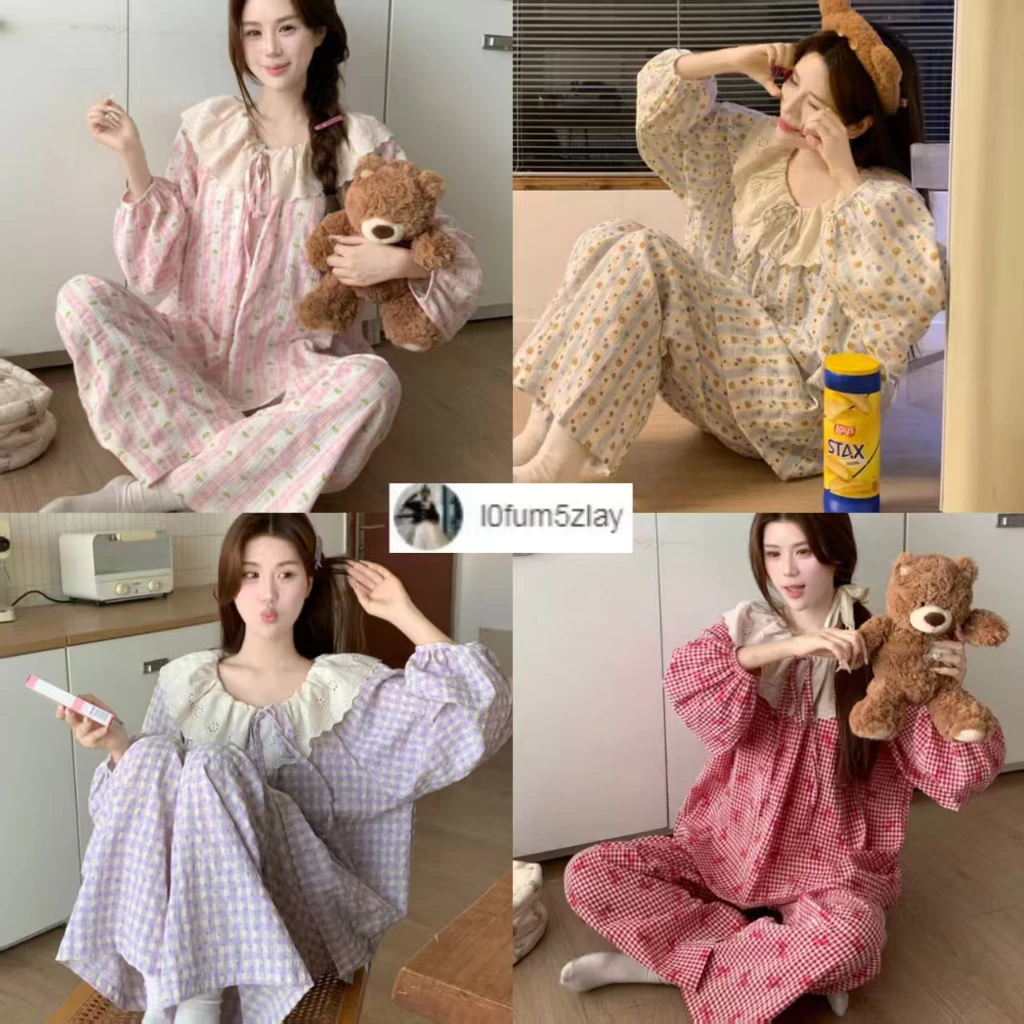 (ราคาถูกที่สุด) ชุดนอนผู้หญิง, ผ้าฝ้ายคุณภาพดี, ลูกไม้ที่สวยงาม, ขายาว+เสื้อ,M-2XL