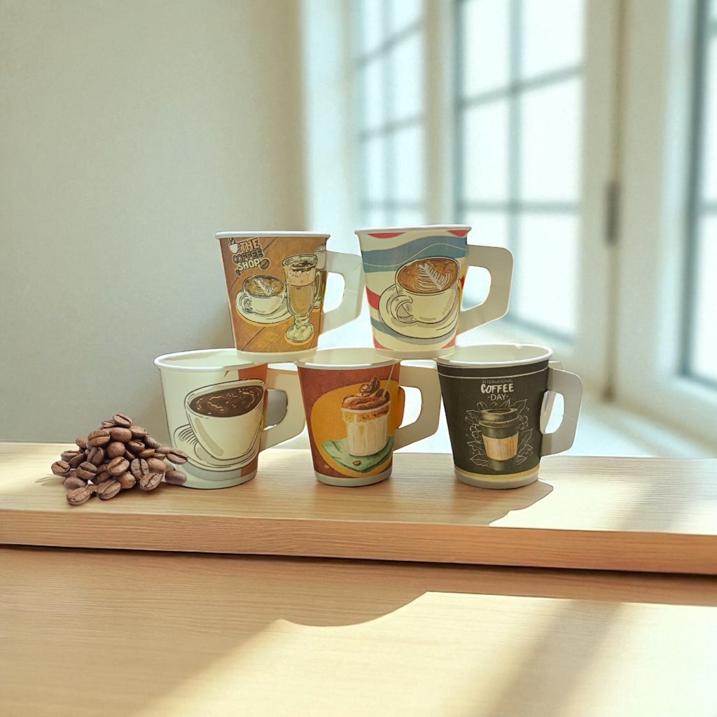 แก้วกาแฟกระดาษ ขนาด 6.5 OZ คละลายมีหูจับ
