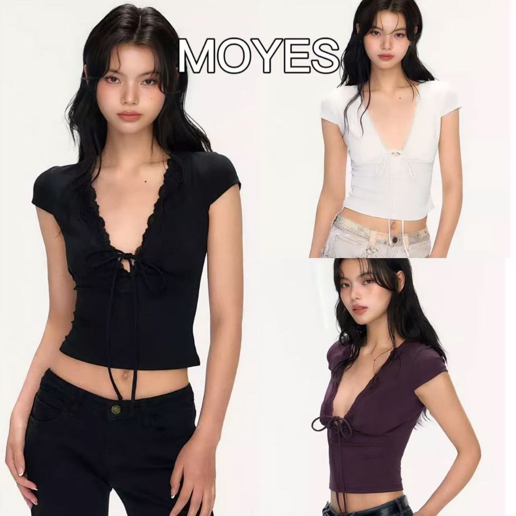 MOYES🔥พร้อมส่ง💗เสื้อยืดคอวีแขนสั้นผ้าลูกไม้เย็บยางยืดเซ็กซี่ใหม่สำหรับฤดูร้อน
