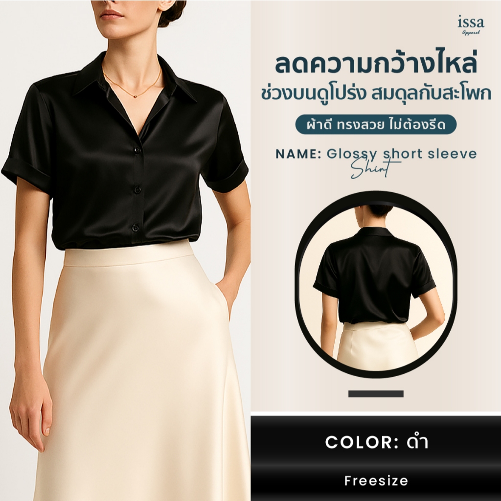 Glossy short sleeve shirt ส่งด่วน+ส่งฟรี เสื้อเชิ้ตซาตินแขนสั้น เสื้อเชิ้ตผู้หญิง ความมั่นใจให้ลุคของคุณในทุกวัน