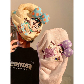 พร้อมส่ง ผ้าคลุมผม ปักลาย ชินจัง  งานน่ารัก ผ้าหนา ซับน้ำดี ติดโบว์ 3D เกร๋ๆ
