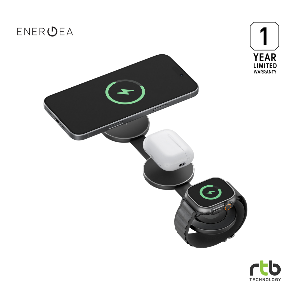 Energea AluMag Trio แท่นชาร์จ ไร้สาย แบบพับ พกพาได้ 3 In 1 Aluminium Wireless Charger วัสดุอะลูมิเนียม