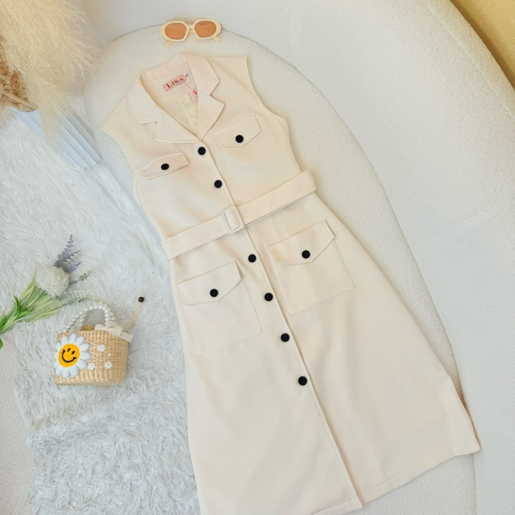 [LISA] A1014 ชุดเดรสกระโปรงคอปกแขนกุดกระดุมผ่าหน้าแต่งกระเป๋าเข็มขัด ออกงาน ดินเนอร์ คาเฟ่