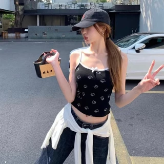 YY103 เสื้อสายเดี่ยว ดีเทลลายแมวน่ารักฟรีไซส์มีฟองน้ำในตัว บางเบา ระบายได้ดี สุดฮิต สปาเก็ตตี้เสื้อสําหรับฤดูร้อน