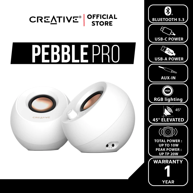 CREATIVE PEBBLE PRO ลำโพง 2.0 บูลทูธ 5.3 USB-C ไฟ RGB สีขาว thumbnail 3