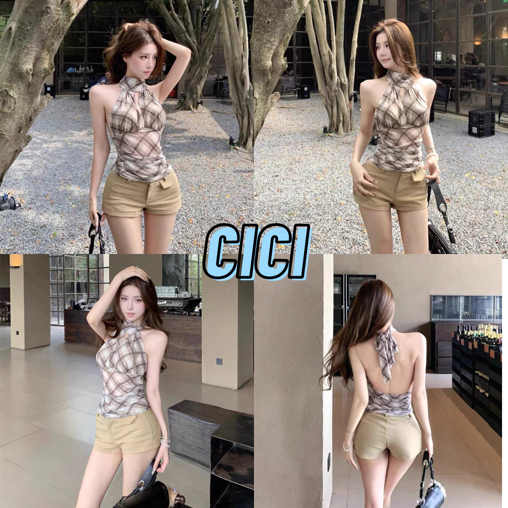 ส่งทันที Cici(NO. H8892) เสื้อคล้องคอเข้ารูปลายตาราง เปิดหลังผูกคอ ใส่ง่าบ สไตล์สาว Y2K