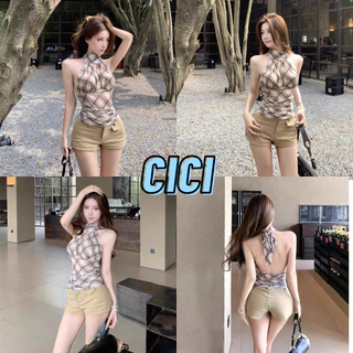 ส่งทันที Cici(NO. H8892) เสื้อคล้องคอเข้ารูปลายตาราง เปิดหลังผูกคอ ใส่ง่าบ สไตล์สาว Y2K