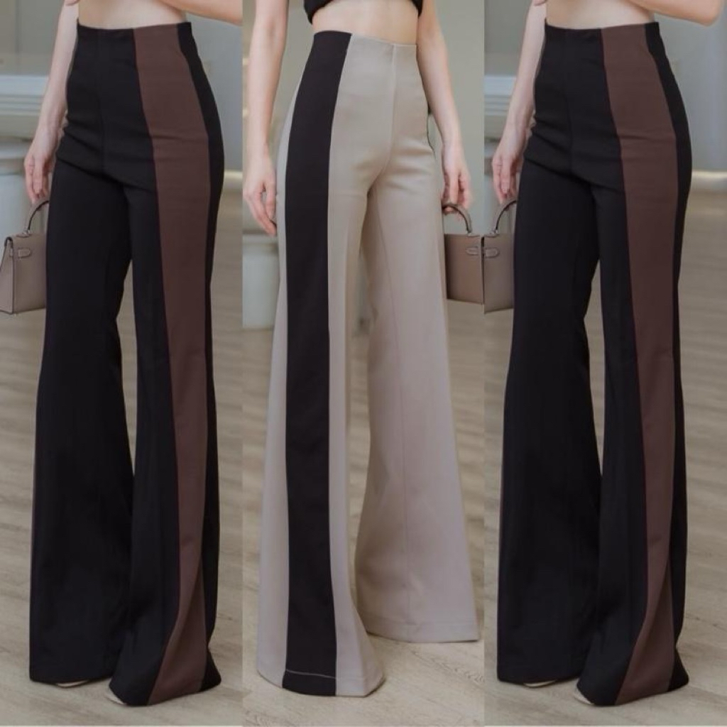 Two tone pants (รุ่นทูโทนผ้าโรเชฟ)กางเกงขาม้าเอากลางผ้าโรเชฟแต่งแถบทูโทน ซิปหลัง ไม่มีกระเป๋า ยาว 43 นิ้ว