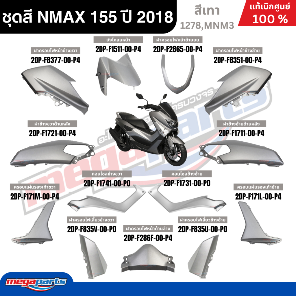 ชุดสีทั้งคัน Yamaha NMAX 155 ปี 2018 สีเทา รหัสสี (1278,MNM3) เอ็นแม็กซ์ แท้เบิกศูนย์ยามาฮ่า (Megapa