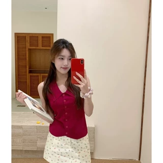 Cicishop(TZ8016) เสื้อไหมพรมแขนกุดคอปก แต่งกระดุม ทรงรัดรูป แฟชั่นสไตล์สาวเท่