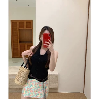 Cicishop(TZ8016) เสื้อไหมพรมแขนกุดคอปก แต่งกระดุม ทรงรัดรูป แฟชั่นสไตล์สาวเท่