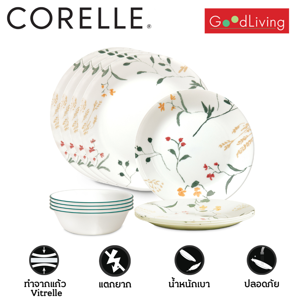 Corelle Wildflower scatter จานอาหาร จานแก้ว ชุด 12 ชิ้น [C-03-1150476]