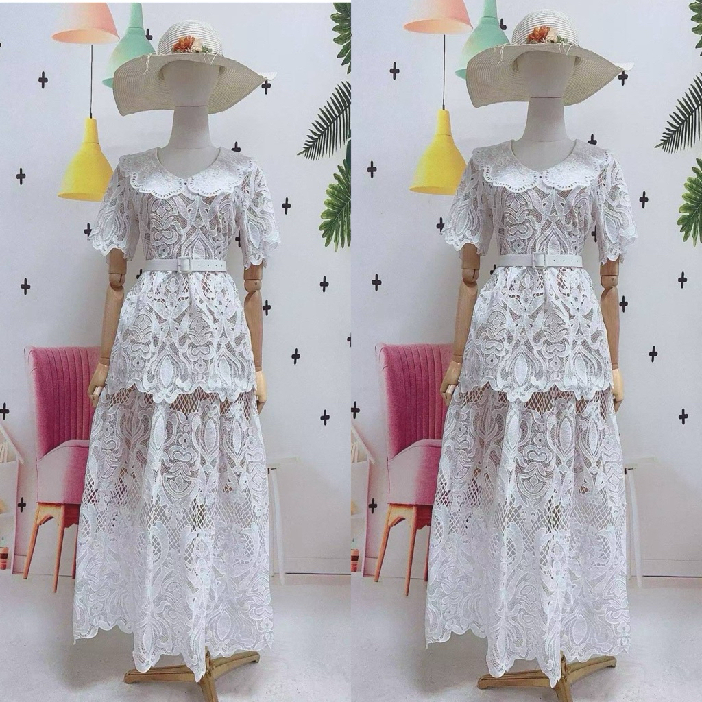 ชุดลูกไม้ เดรสสีขาว คอปักฉลุ CLT