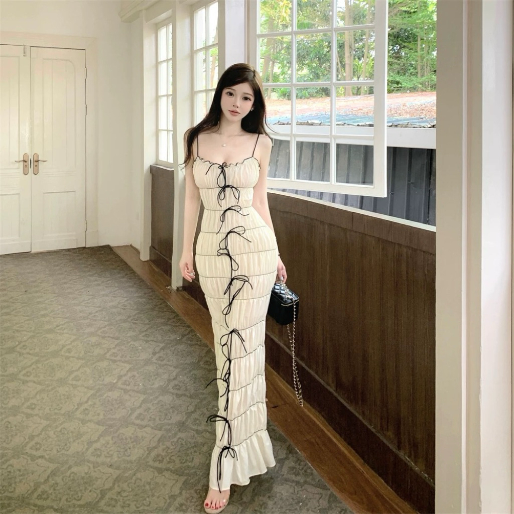 Teera❤️พร้อมส่ง✨เดรสยางยืดทั้งตัว ดีเทลน่ารักแต่งโบว์หน้า ซิปหลังใส่ง่าย ใส่สบาย! 📍มีซับในทั้งตัว ไม่บาง!