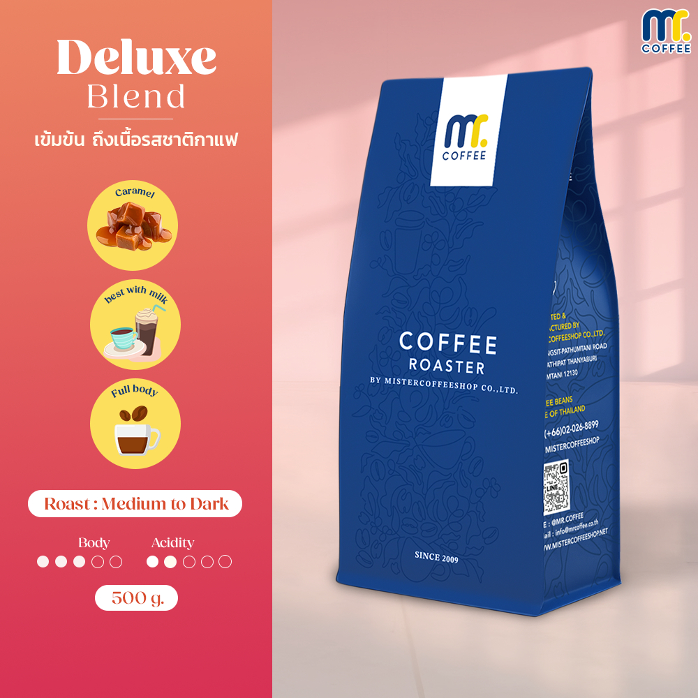 เมล็ดกาเเฟคั่ว Deluxe Blend By Mistercoffee เมล็ดกาแฟผสม คั่วเข้ม สูตรสำหรับแก้วเย็น ขนาด 500 กรัม