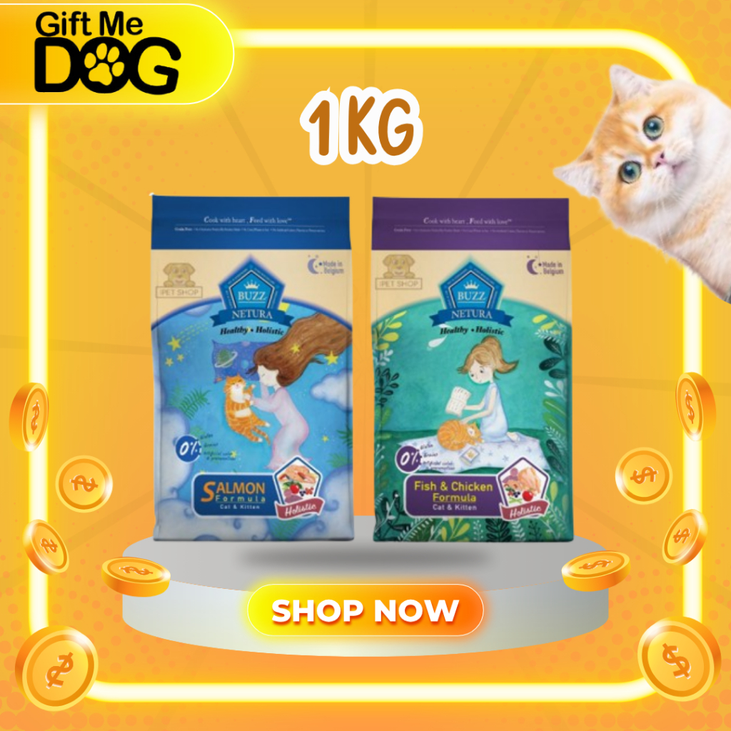 Buzz Netura บัซซ์ อาหารแมวโฮลิสติก-เกรนฟรี สูตรเนื้อปลาและไก่ สูตรแซลมอน ขนาด 4 กิโลกรัม