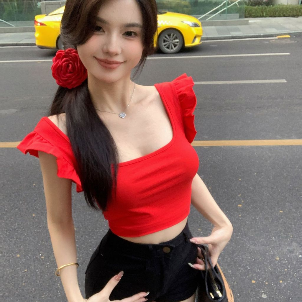 HSS - เสื้อครอปเปิดไหล่สุดเซ็กซี่สำหรับผู้หญิง เสื้อยืดคอเหลี่ยมแขนระบาย