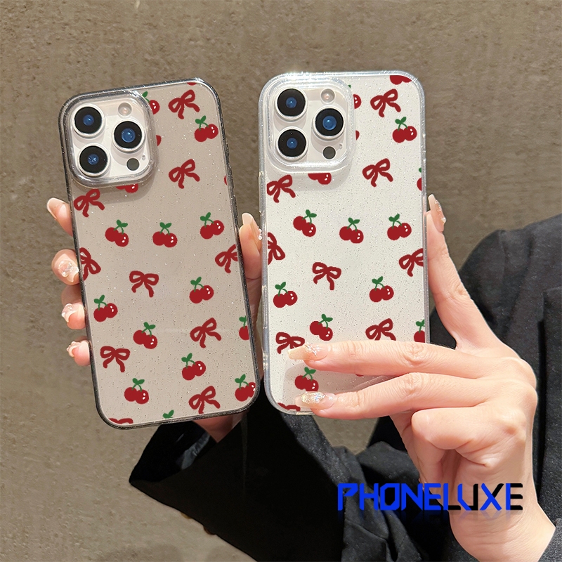 เคส iPhone 16 Pro Max iPhone 11 เคสใสแบบแวววาว TPU นุ่มสีสันสดใส เชอร์รี่และคันธนูแสนอร่อย