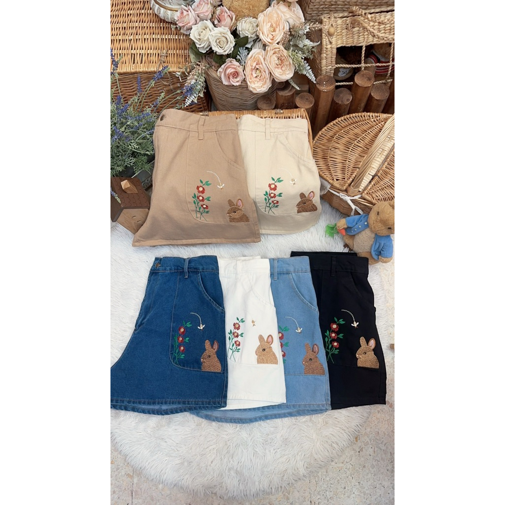 IN160. กางเกงยีนส์ขาสั้นสาวอวบ รุ่นน้องกระต่ายดอกแดง 36-48