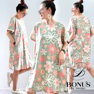 Bonus ชุดเดรสคอกลม ผ้าคอตตอลญี่ปุ่น🇯🇵 100% พิมพ์ลาย ดีไซน์เดรสซิปหลังเจาะกระเป๋าสองข้าง