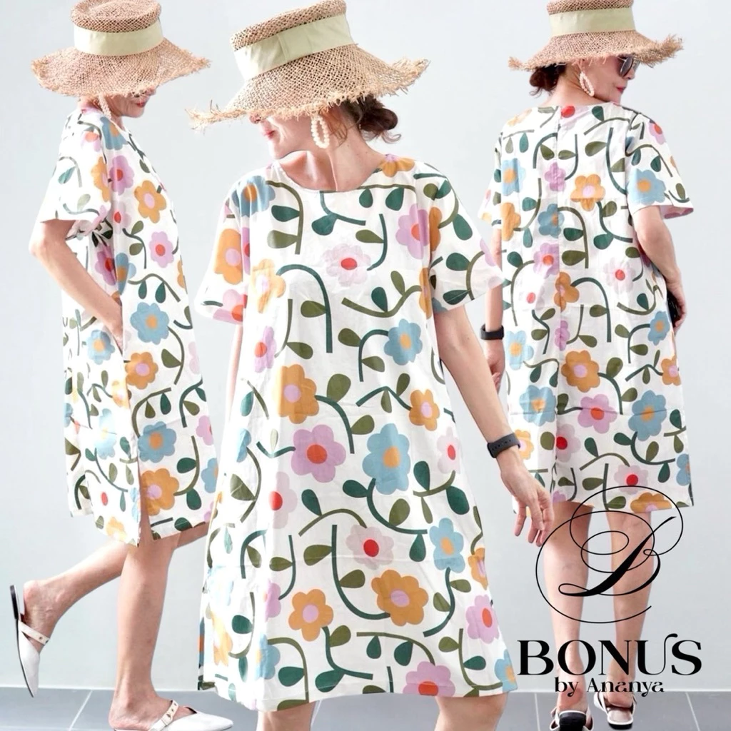 Bonus ชุดเดรสคอกลม ผ้าคอตตอลญี่ปุ่น🇯🇵 100% พิมพ์ลาย ดีไซน์เดรสซิปหลังเจาะกระเป๋าสองข้าง