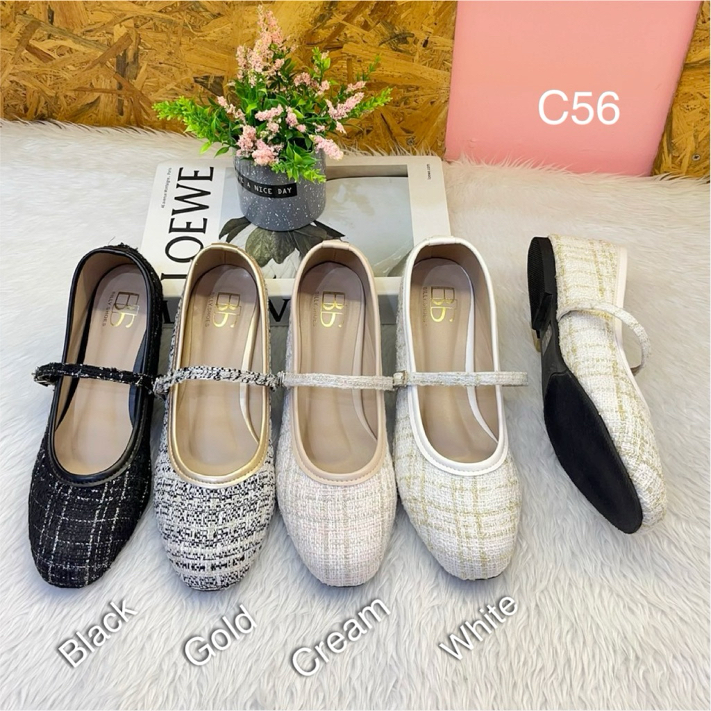 C56งานบัลเลย์ส้นเตี้ยผ้าทวีตไ