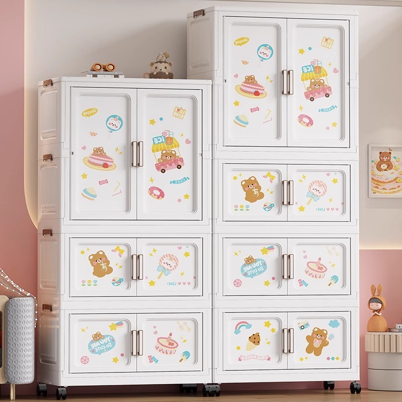 HOGO ตู้เสื้อผ้า ตู้เสื้อผ้าเด็ก ตู้เก็บของ มีล้อ ลายการ์ตูน ไม่มีกลิ่น ที่เก็บของประตูคู่และลิ้นชัก ตู้เก็บของเด็ก