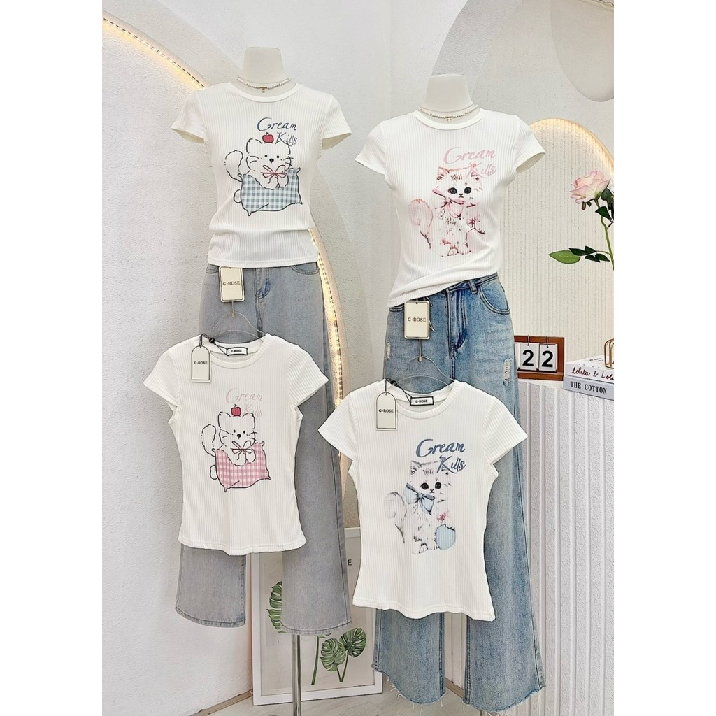 NN689 เสื้อยืดผ้าร่องพิมพ์ลายน้องหมา-แมว G-Rose🌹