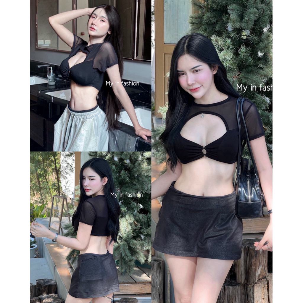 mnv_shop   เสื้อครอปแขนสั้น แต่งชีทรู เสริมฟองน้ำ โชว์เนินอกปังๆ