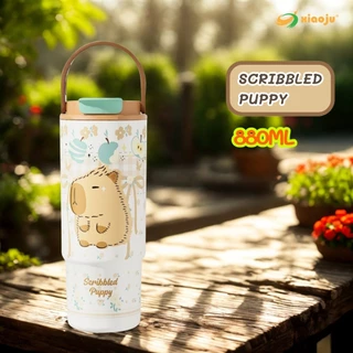 XIAOJU แก้วสแตนเลส 880ML เคลือบเซารามิก หูหิ้ว 2 หัวดื่ม พร้อมกรองชา SUS316L ทนทานไม่กัดกร่อน เก็บอุณหภูมิยาวนาน