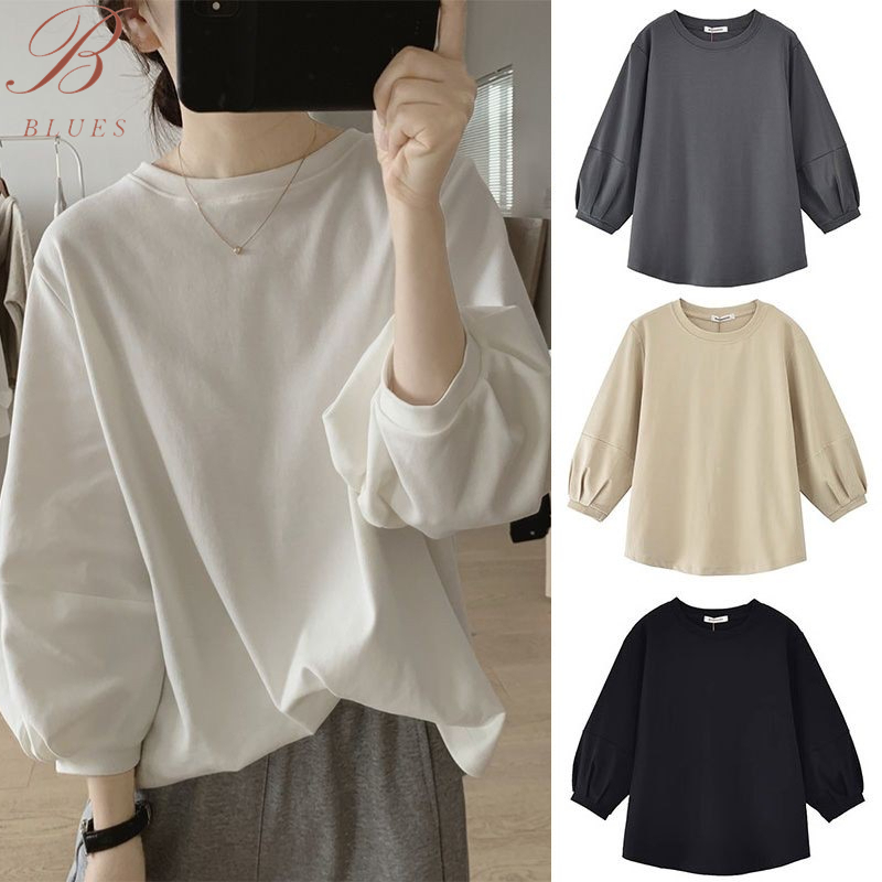 B BLUES เสื้อยืดแขนยาวผู้หญิงสไตล์เกาหลี oversize เสื้อผ้าสาวอวบน่ารักๆ ลำลองทรงหลวม เสื้อยืดแขนบอลลูนแฟชั่นมา สีพื้น