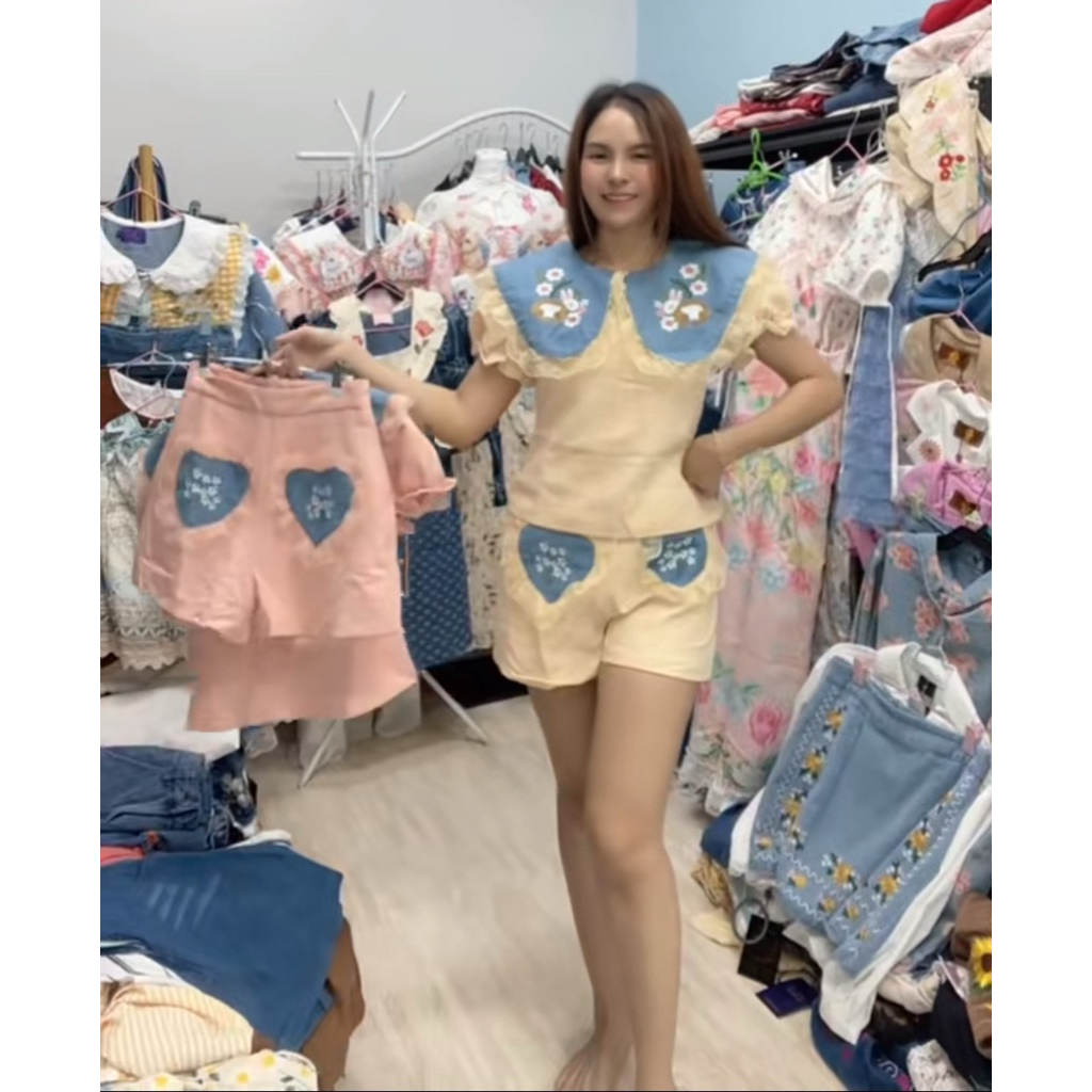 (s-4xl) ชุดเซตกางเกง ชุดเซตกางเกงขาสั้น คอปกปักกระต่าย ผ้าดีมากๆ งานป้าย thanyacha