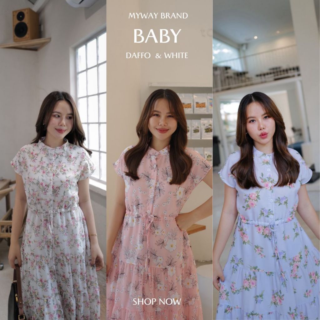 MyWay Brand : BABY Dress ผ้าชีฟอง ชุดเดรสทำงานผู้หญิง คอจีน เอวรูดได้ *มีซับในทั้งชุด [ลาย LIMITED]