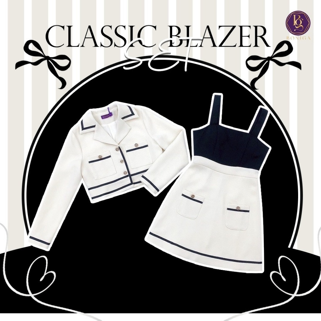 (มี3XL) Boniga สีขาวดำ Classic Blazer Set เซ็ตผ้าทอสูท 2 ชิ้น เดรสแขนกุดกระเป๋าหน้า + เสื้อคลุมกระดุมหน้าแต่งกระเป๋า มีซ
