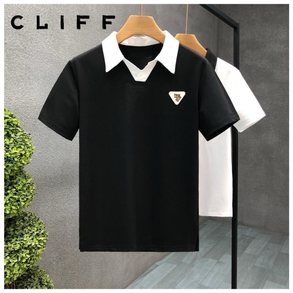 CLIFF ผู้ชาย เรียบง่าย เสื้อโปโล สีต่อ คอวี แบบหลวม ลำลอง แมทช์ลุคง่าย