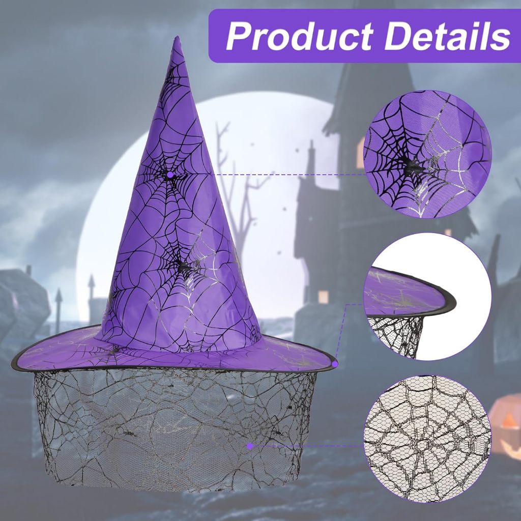 หมวกแม่มด ลายใยแมงมุม หมวกพ่อมด แต่งตัวธีมฮาโลวีน Wizard - Witch Hat with Spider Web Halloween Fancy
