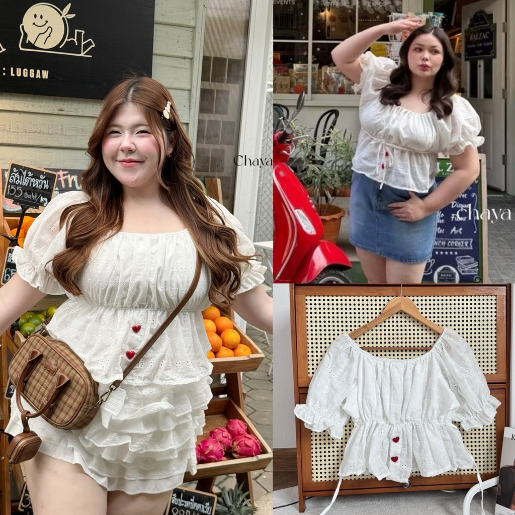 /LD/ เสื้อแขนตุ๊กตาสาวอวบ ไซส์อก40-50 ผ้าฉลุลายหัวใจ แต่งกระดุมหัวใจแดง #เสื้อไซส์ใหญ่ พลัสไซส์