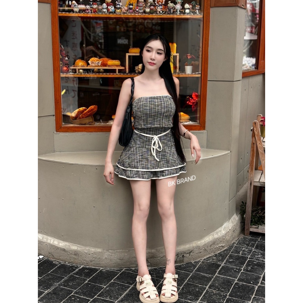 🍭🌷งานเซตเกาะอกผ้าชาแนล 🌷🍭  🏷️BK BRAND   🌟🌷งานเซตเกาะอกแต่งกุ้นสม็อคหลัง งานเสริมฟองน้ำ กระโปรงชั้นแต่งกุ้นเชือกผู - รูปที่ 5