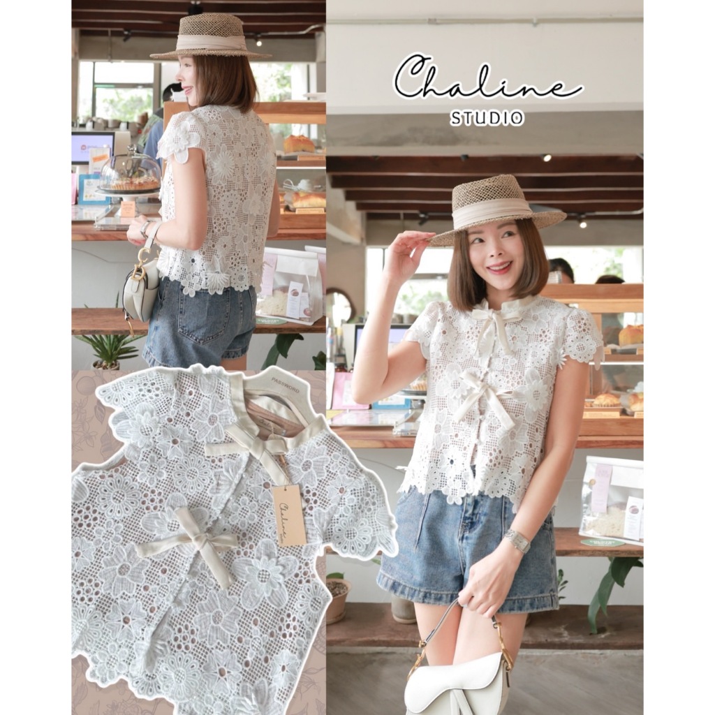•CHALINE STUDIO• P&C 84680 เสื้อแขนสั้นผ้าลูกไม้ 3D เล่นสีซับในสวยหรู ด้านหน้าแต่งโบว์สีครีม