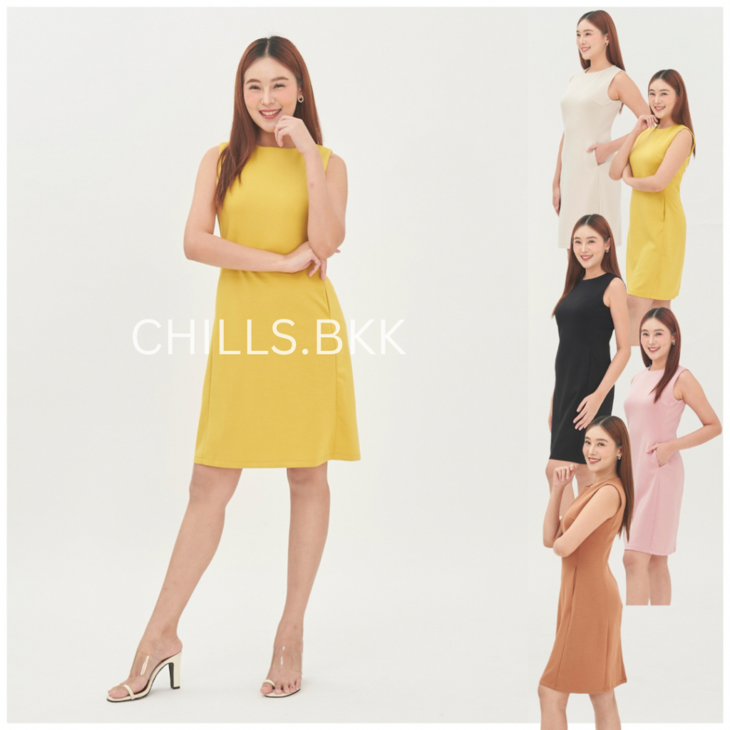 DW008# ชุดทำงานใส่สบาย ชุดทำงานผู้หญิง แฟชั่นสาวออฟฟิศ*เดรสสั้นแขนกุดคอกลมปาด กระโปรงทรงตรงใส่สบายไม่รัดพุง [Chills.bkk]