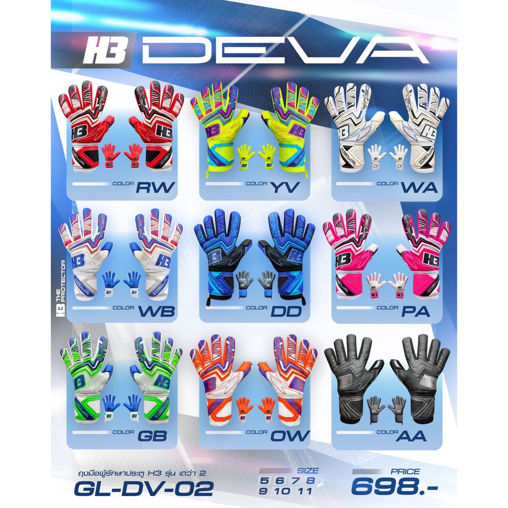H3 ถุงมือผู้รักษาประตู H3 DEVA ( GEN 2 ) ฟิงเกอร์เซฟ 5 นิ้วสามารถถอดได้