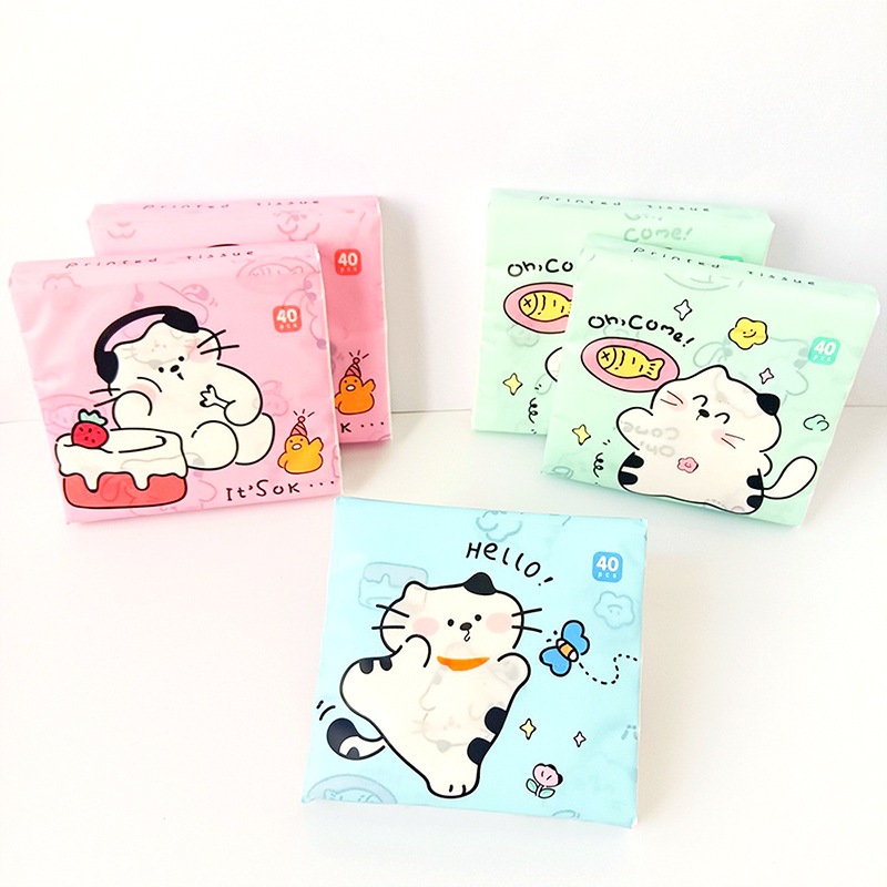 ทิชชู่พกพา 3ชั้น 40แผ่น ทิชชู่ปั๊มลายกาตูน ผลิตจากเนื้อเยื่อธรรมชาติ ทิชชู่เช็ดหน้าซับมันทำความสะอาด
