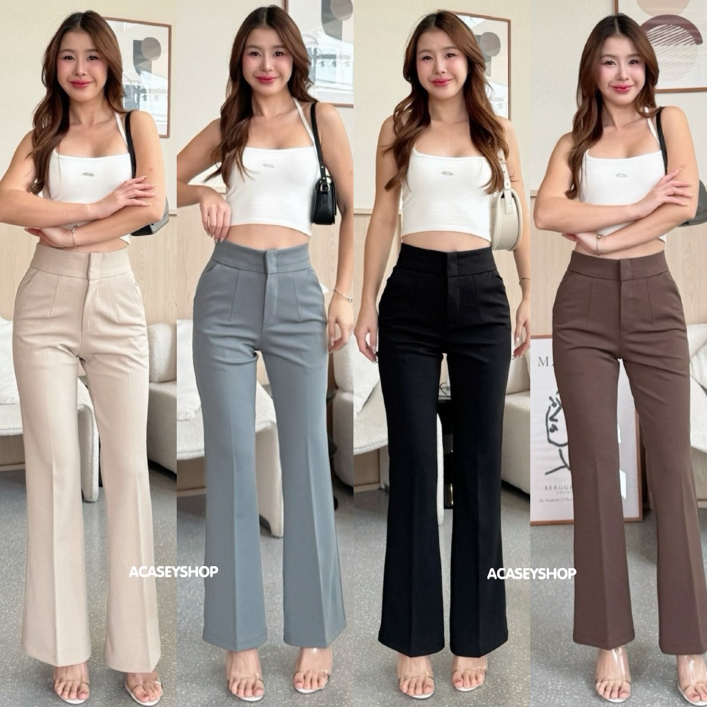 Acasey กางเกงขายาวผู้หญิง ขาม้า ดีเทล2ตะขอ เอวสูงเก็บพุง ผ้าโรเชฟ หนานุ่ม ยืด ยับยาก ไซส์ S - 3XL