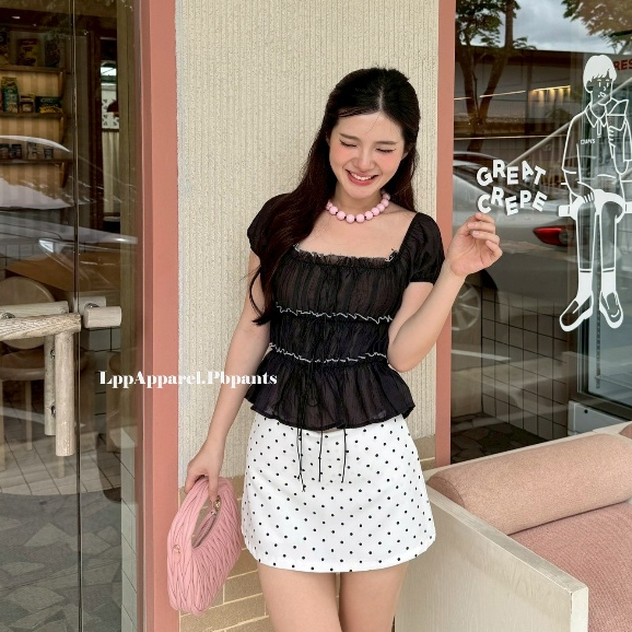 Pbpants กระโปรงกางเกงลายจุดทรงเอวต่ำ ดีเทลซิปหลัง