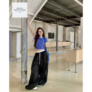 พร้อมส่งในไทย**กางเกงขายาวเอวยางยืด กระเป๋าข้าง ผ้าร่มสีเข้ม…