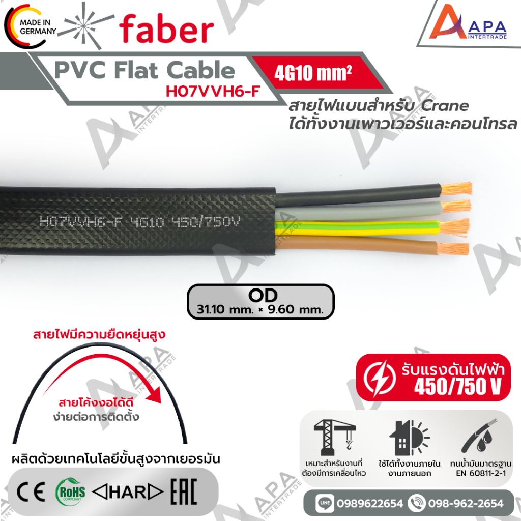 PVC Flat Cable (H07VVH6-F) 4G10 SQ.MM FARBER KABEL (1 ชิ้น = 1 เมตร)