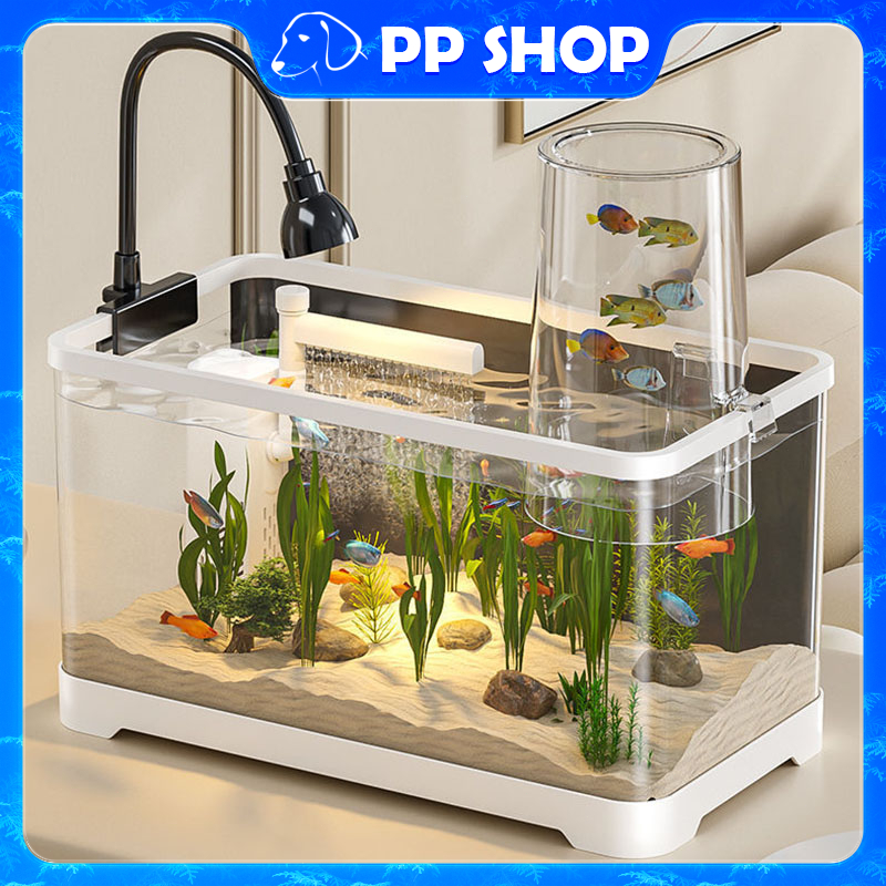ตู้ปลา ตู้ปลาตั้งโต๊ะ ตู้ปลาขนาดเล็ก ตู้ปลา 12 นิ้ว พร้อมไฟและปั๊มน้ำ การออกแบบที่มีฝาปิด