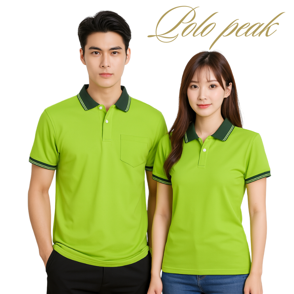 เสื้อโปโลสีเขียวอ่อน ปกเขียวเข้มริ้วเขียวอ่อน polopeak