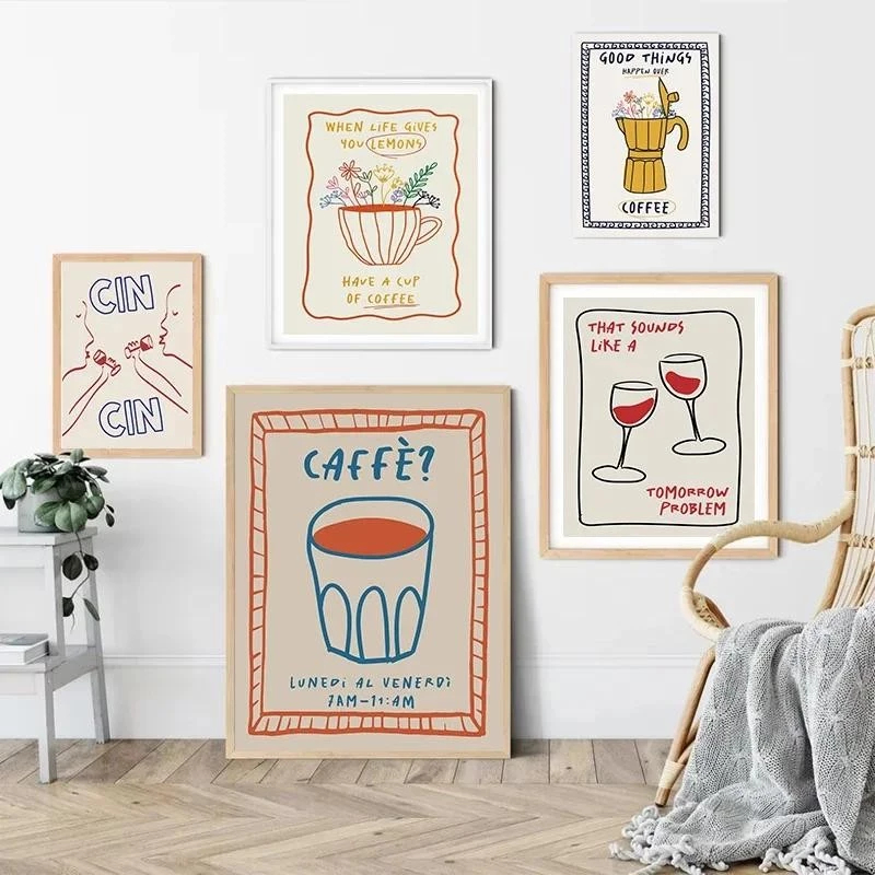 (พร้อมส่งจากไทย ภาพรวมกรอบ)รูปลายเส้น กาแฟ ขนมปังปิ้งไวน์แดงพาสต้า อาหาร นามธรรม สําหรับตกแต่งผนังบ้าน ห้องนั่งเล่น
